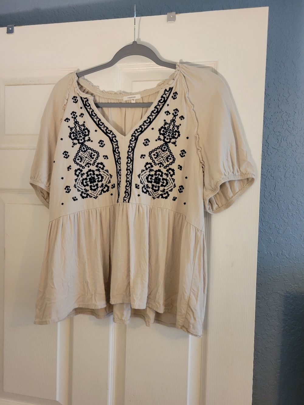 Maurices Tan with Navy Embroidery Women's Top Size Large Boho Peasant Blouse